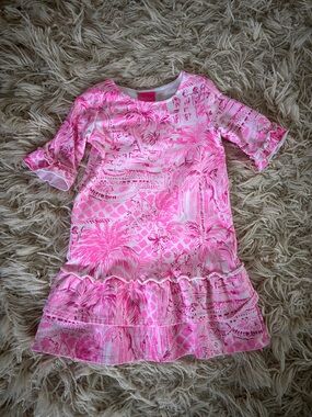 Lilly Pulitzer Pink & White Palm Print Ruffle Hem Dress